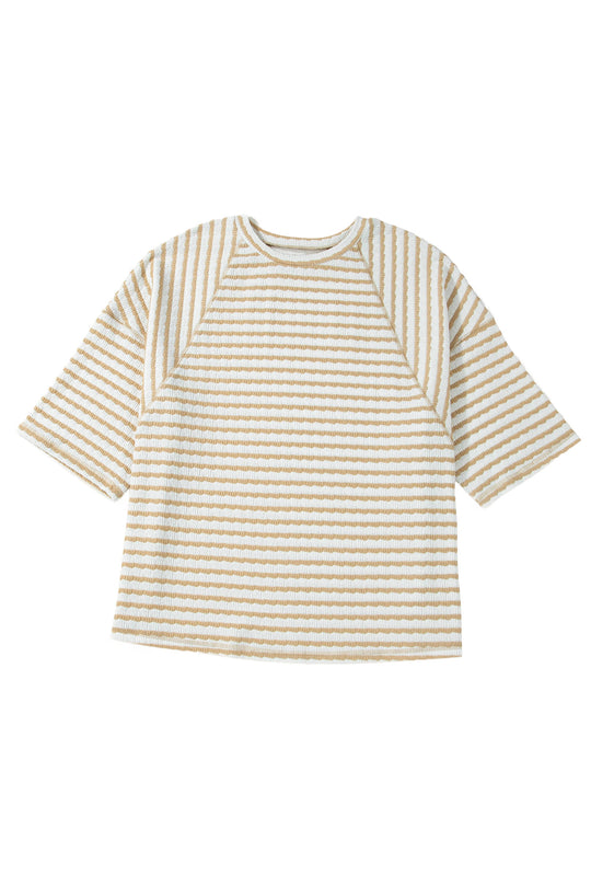 Pink Stripe Plus Size Textured Patchwork Detail Half Sleeve Top
