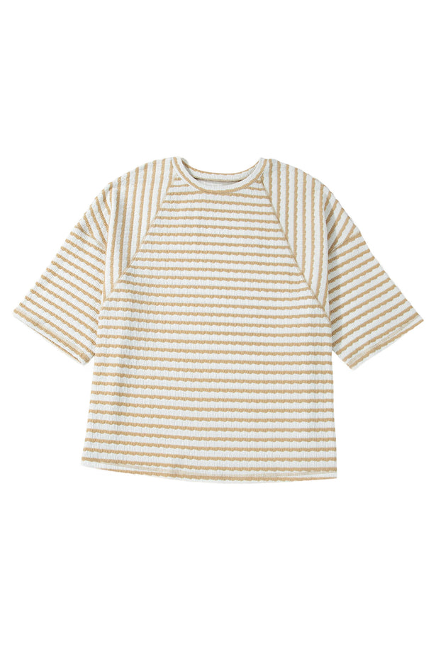 Pink Stripe Plus Size Textured Patchwork Detail Half Sleeve Top