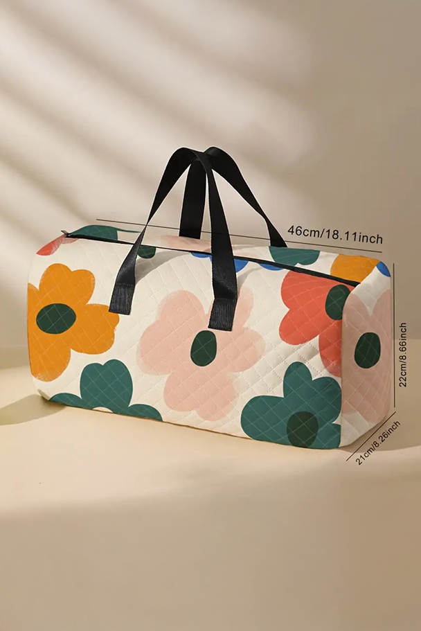White Flower Print Quilted Large Duffel Bag