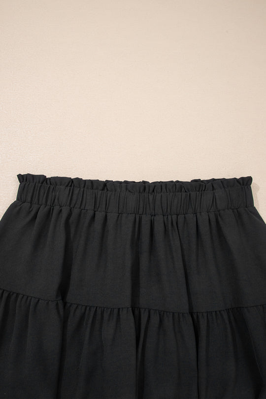 Black Plus Size Frilled Elastic Waist Lace Trim Boho Ruffled Shorts