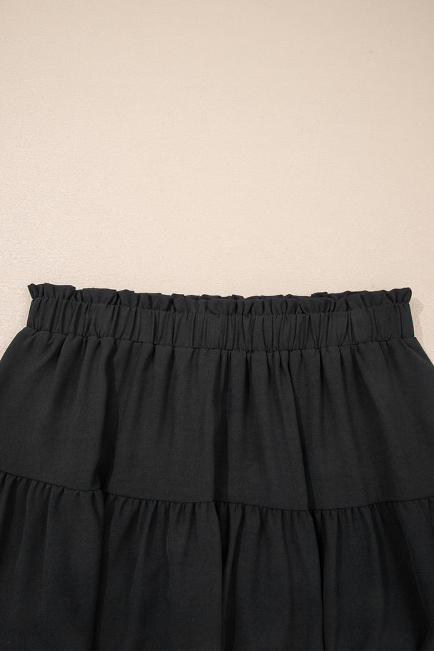 Black Plus Size Frilled Elastic Waist Lace Trim Boho Ruffled Shorts