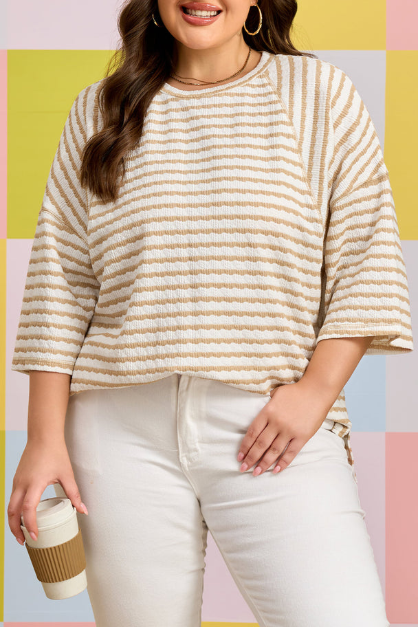 Pink Stripe Plus Size Textured Patchwork Detail Half Sleeve Top