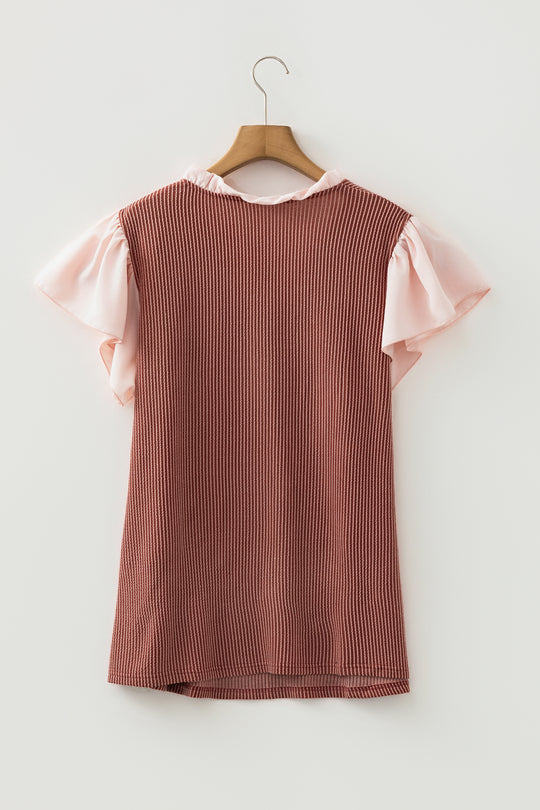 Rose Pink Plus Size Contrast Frilled Neckline Ruffled Short Sleeve Ribbed Textured Blouse