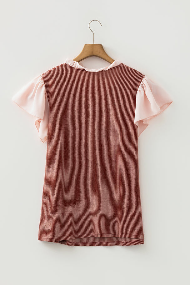 Rose Pink Plus Size Contrast Frilled Neckline Ruffled Short Sleeve Ribbed Textured Blouse