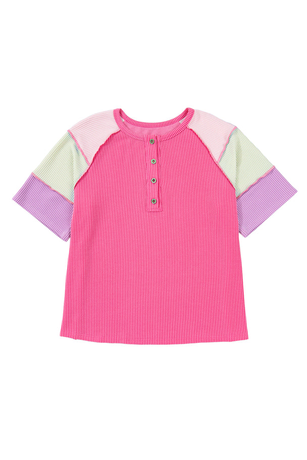 Bright Pink Plus Size Twisted Rib Color Block Patchwork Short Sleeve Henley Top