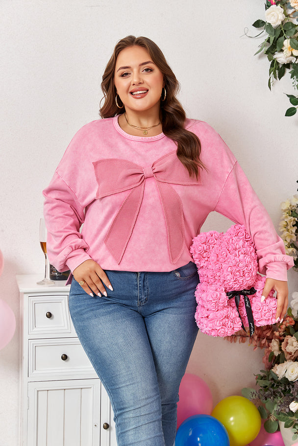 Bonbon Waffle Bowknot Patchwork Graphic Mineral Wash Plus Size Sweatshirt