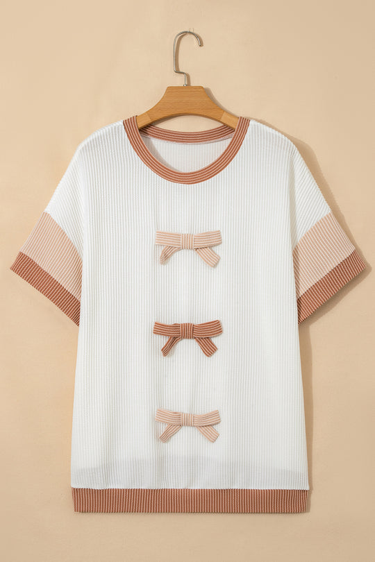 Apricot Bowknot Applique Plus Size Ribbed Top