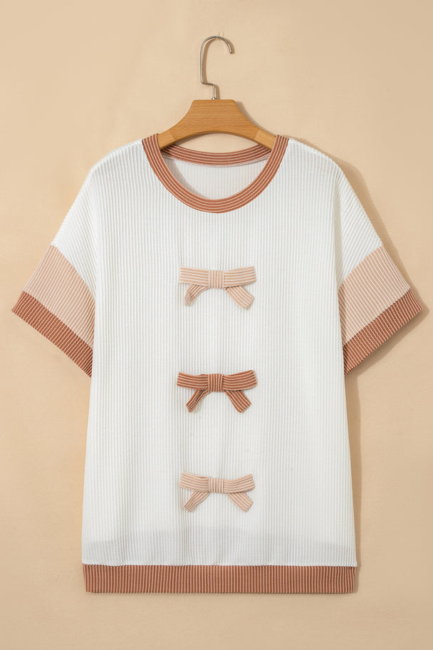 Apricot Bowknot Applique Plus Size Ribbed Top
