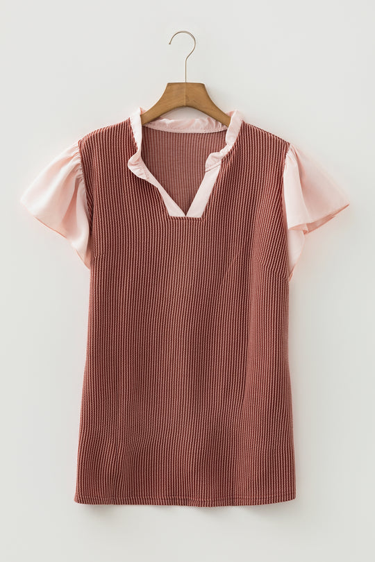 Rose Pink Plus Size Contrast Frilled Neckline Ruffled Short Sleeve Ribbed Textured Blouse