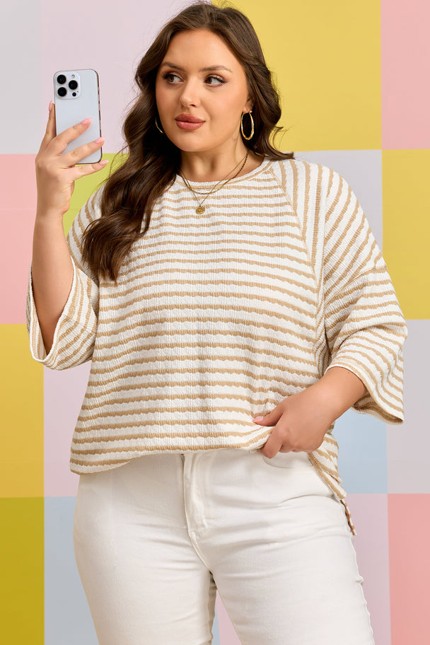 Pink Stripe Plus Size Textured Patchwork Detail Half Sleeve Top