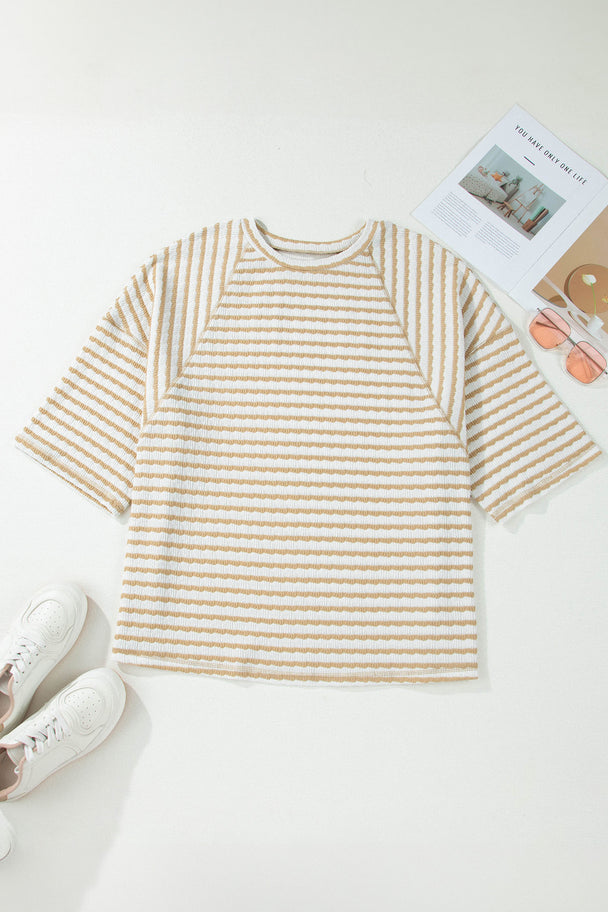 Pink Stripe Plus Size Textured Patchwork Detail Half Sleeve Top