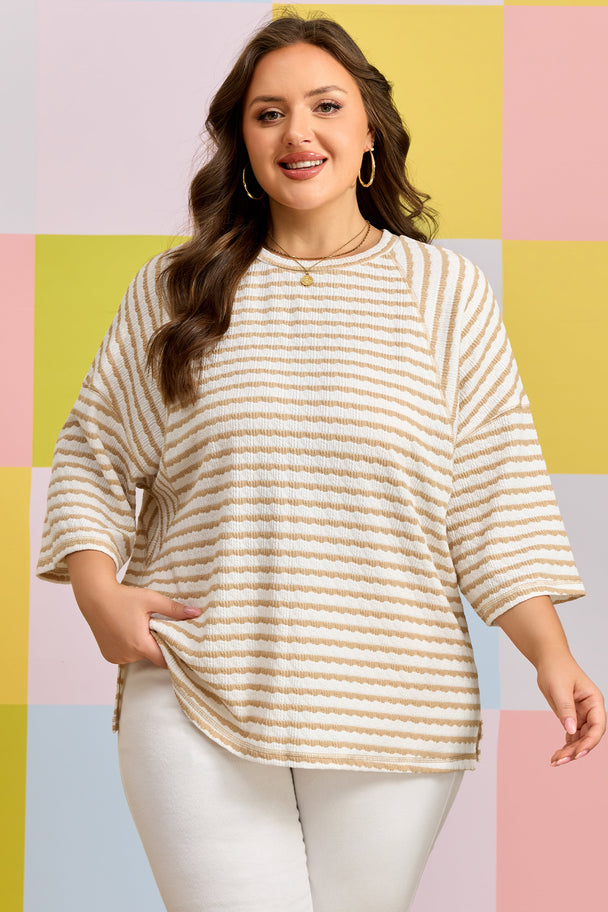 Pink Stripe Plus Size Textured Patchwork Detail Half Sleeve Top