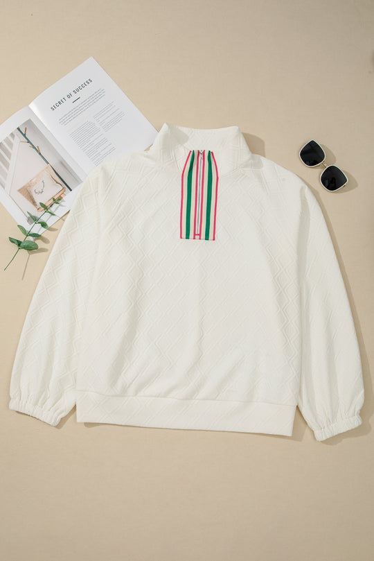 Beige Plus Size Rhombus Texture Contrast Striped Collar Baggy Sweatshirt