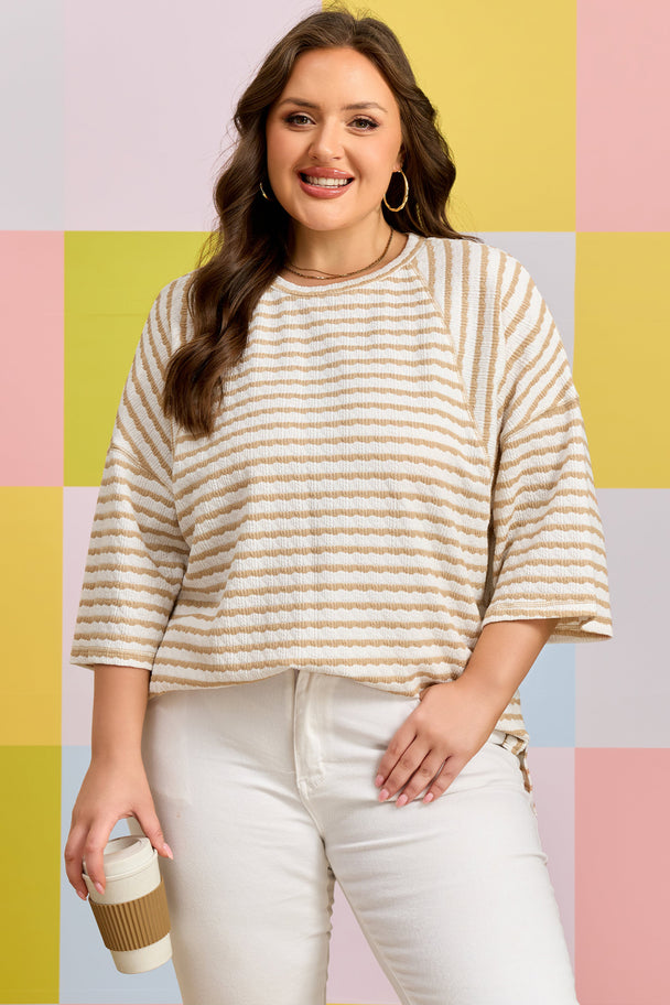 Pink Stripe Plus Size Textured Patchwork Detail Half Sleeve Top