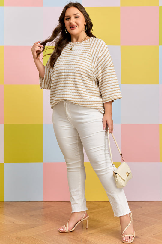Pink Stripe Plus Size Textured Patchwork Detail Half Sleeve Top