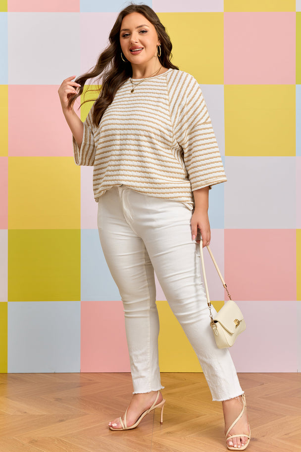 Pink Stripe Plus Size Textured Patchwork Detail Half Sleeve Top