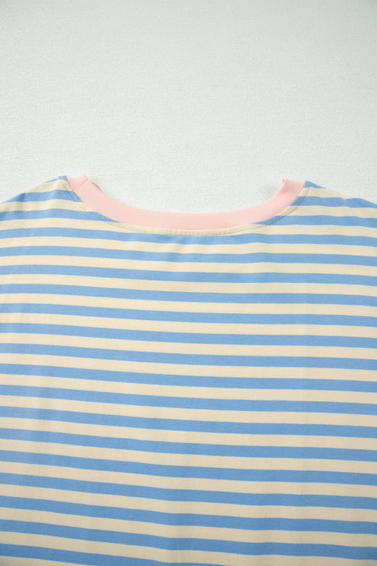 Sky Blue Stripe Plus Size Drop Shoulder Contrast Trim Round Neck Tee
