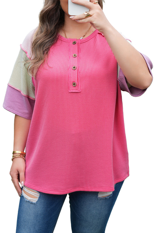Bright Pink Plus Size Twisted Rib Color Block Patchwork Short Sleeve Henley Top