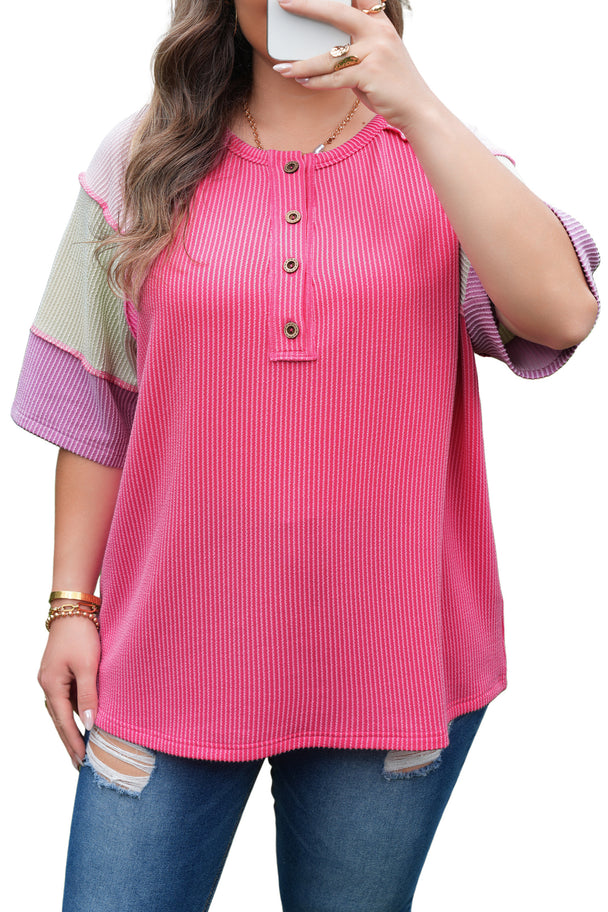 Bright Pink Plus Size Twisted Rib Color Block Patchwork Short Sleeve Henley Top