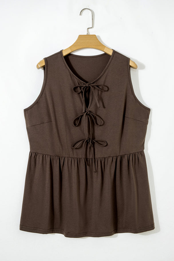 Blue Sapphire Plus Size Solid Color Bow Tie Peplum Tank Top