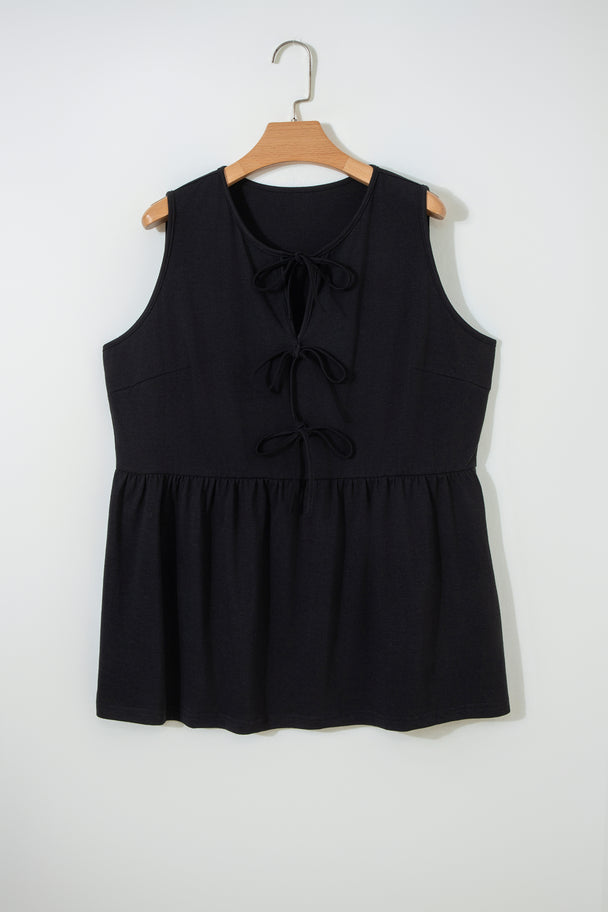 Blue Sapphire Plus Size Solid Color Bow Tie Peplum Tank Top