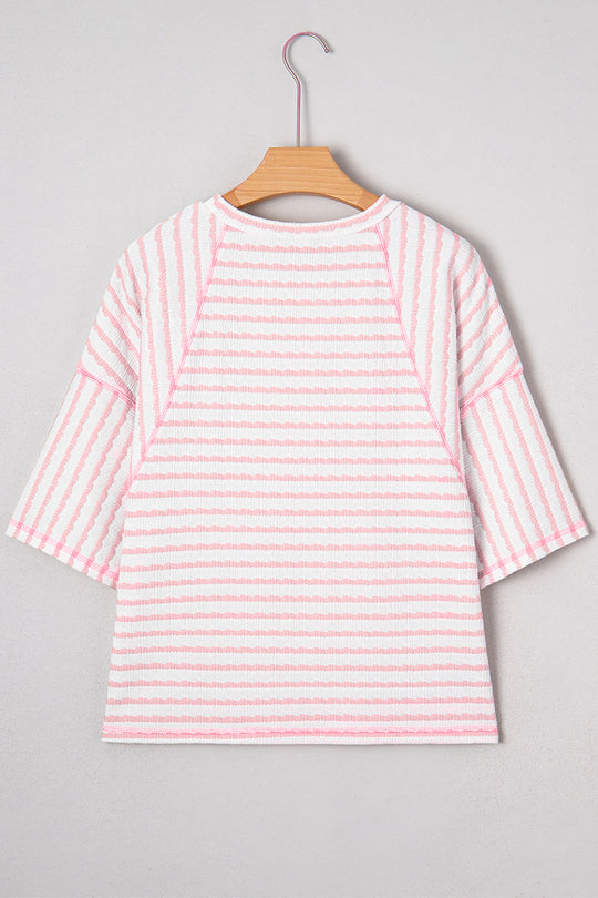 Pink Stripe Plus Size Textured Patchwork Detail Half Sleeve Top