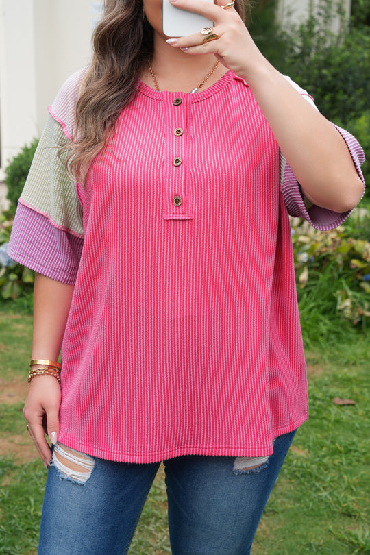 Bright Pink Plus Size Twisted Rib Color Block Patchwork Short Sleeve Henley Top