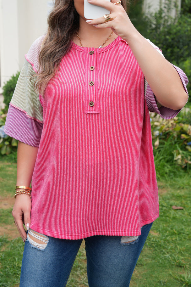 Bright Pink Plus Size Twisted Rib Color Block Patchwork Short Sleeve Henley Top