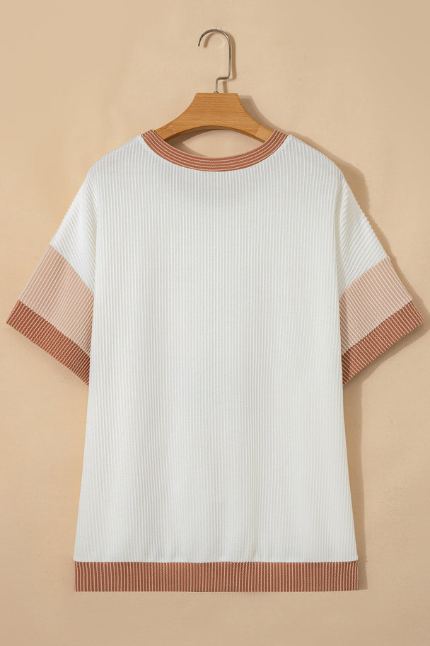 Apricot Bowknot Applique Plus Size Ribbed Top