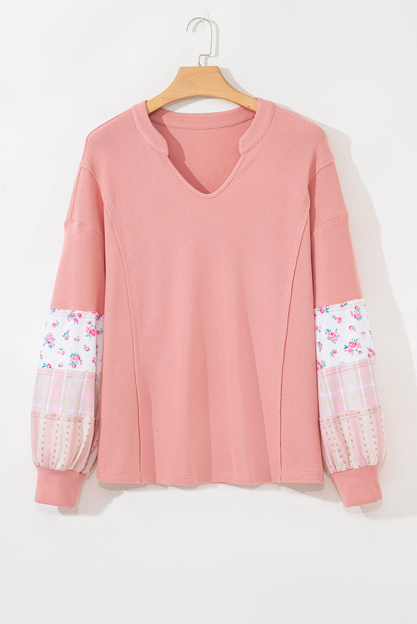 Pink Floral Sleeve Patchwork Waffle Knit Notched V Neck Plus Size Top